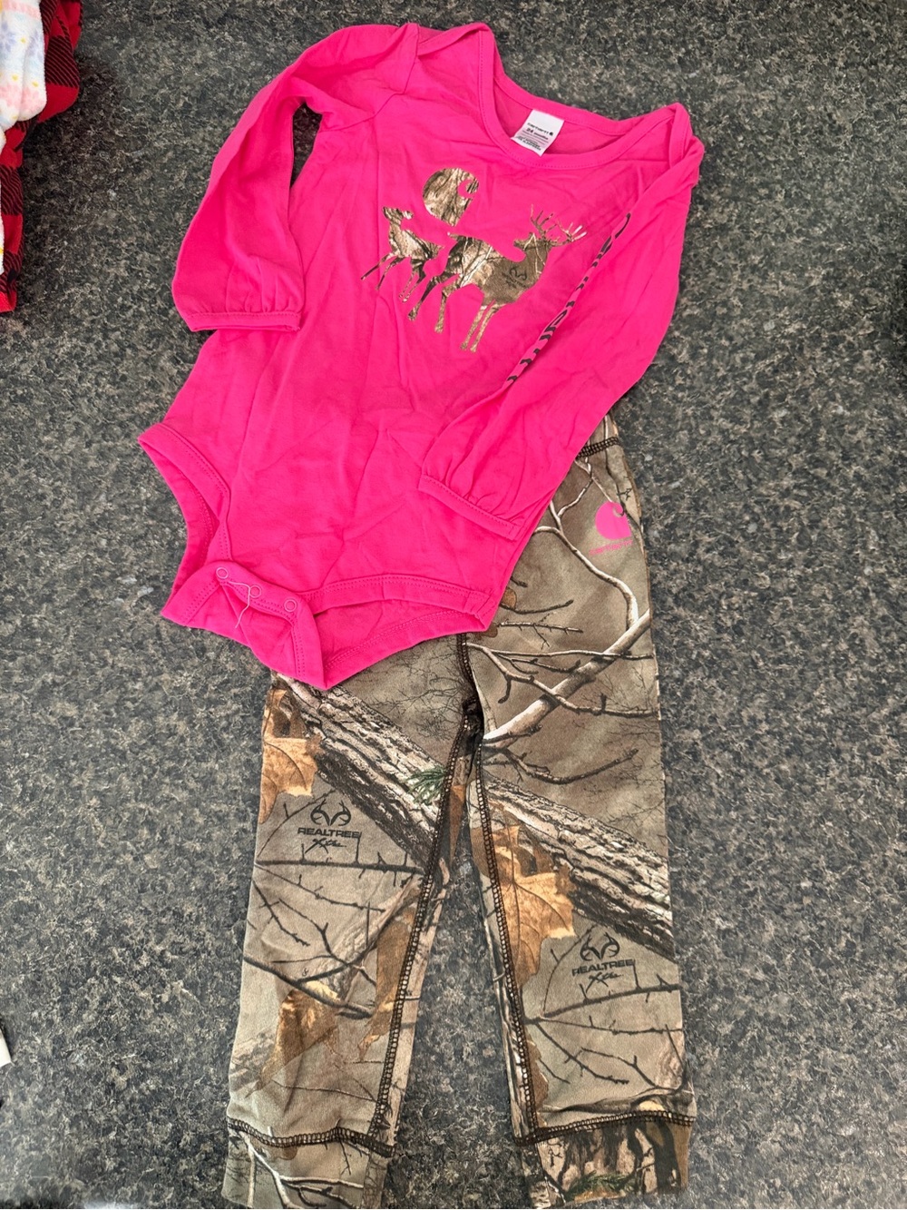 Carthartt Girls' Hot Pink Long-Sleeve Bodysuit with Gold Deer Graphic